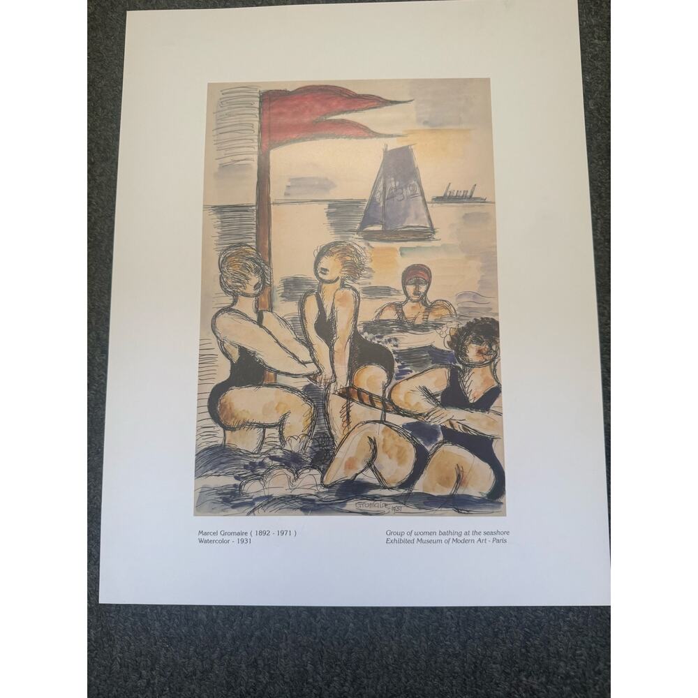 Signed Watercolor Print Marcel Gromaire Group of Women Bathing at the Seashore